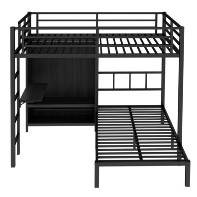 Full XL Over Twin Metal Bunk Bed with Folding Desk,Closet with LED,Space-Saving