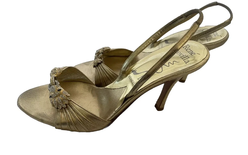 Sandalia vintage de cuero Rene Caovilla de tacón dorado con adorno de cristal talla: 5 Foto 4 de 4