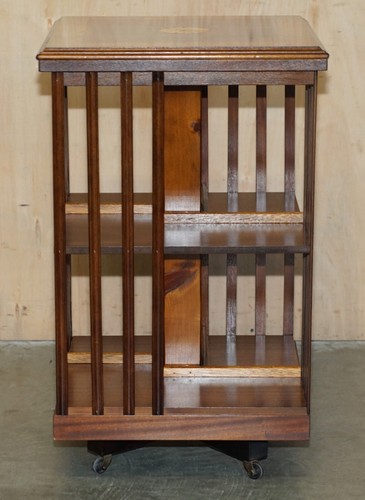 SHERATON REVIVAL FLAMED MAHOGANY WALNUT & SATINWOOD REVOLVING BOOKCASE TABLE - Picture 3 of 23