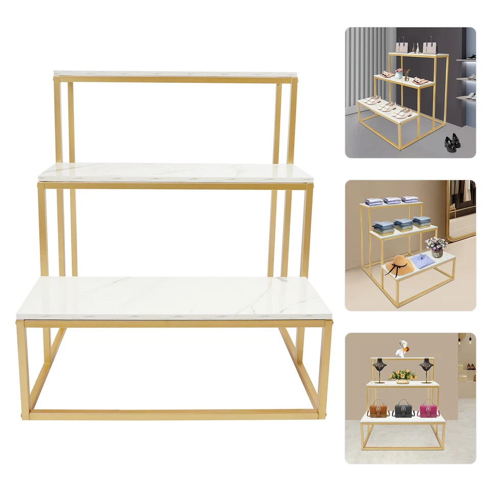 Gold+White 3-Tier Retail Table Display Rack for Bag Shoes Organizer Stand NEW - Image 2 of 4