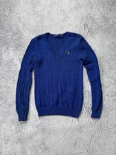 VTG Polo Ralph Lauren Sport Cable Knit Sweater Women s Size S V-neck Blue