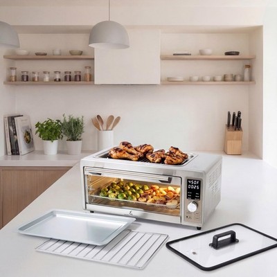 BrylaneHome 6 In 1 Power Grill Air Fry Bake Roast Toast Stainless Steel