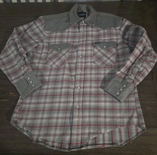 Vintage Wrangler Brushpopper Western Shirt L Grey Red Plaid Pearl Snap MS724GM