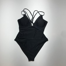 Womens Double Spaghetti Strap One-Piece Swimwear Black Swimsuit Monokini Large