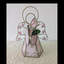 Stained Glass Angel Candle Holder Pink Green Metal Decorative Figurine