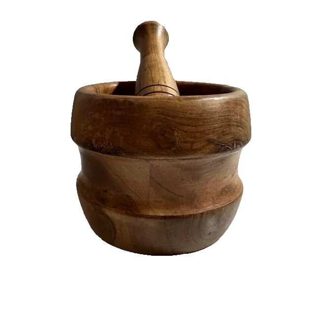 Hand Carved Wooden Mortar & Pestle Solid Wood Spice Herb Grinder Large
