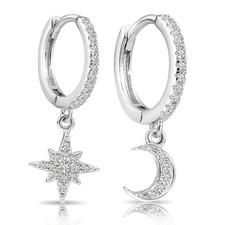 925 Sterling Silver Star  Crescent Pave Charm Dangle Drop Huggie Hoop Earrings