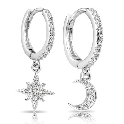 925 Sterling Silver Star & Crescent Pave Charm Dangle Drop Huggie Hoop Earrings