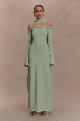 MESHKI Heidi Strapless Knit Scarf Maxi Dress in Pastel Green - Size Small