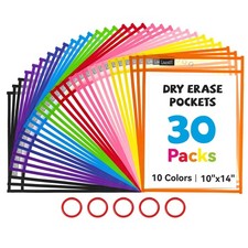 30 Pack Dry Erase Pockets with 5 Rings, 10 Assorted Colors 10x14 Oversized Re...