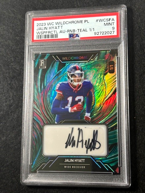 2023 Wild Card Wildchrome PL Rainbow Teal 1/1 Jalin Hyatt PSA 9 Auto Signature view 2