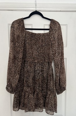 1. State Women's Size Large Dress Chiffon Smoked Short Mini Brown Cheetah NEW