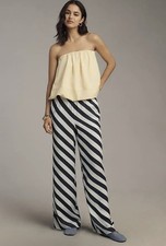 Anthropologie Maeve Brooklin Wide Leg Striped Printed Pants M Navy Blue Viscose