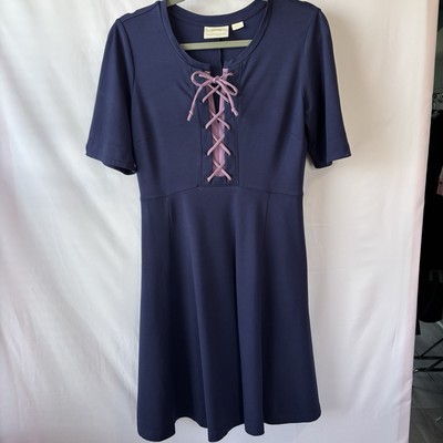 Maeve Anthologie Sz S Navy & Lavender Knit A-line Waisted Dress.  Peasant Tie