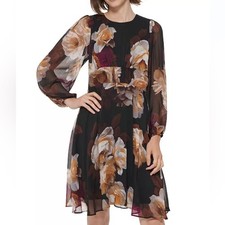 Calvin Klein Women Floral-Print Balloon long sleeve sheer Shift Dress 2 EUC