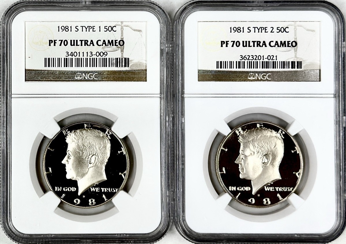 1981 S PROOF KENNEDY HALF DOLLARS TYPE 1 & 2 NGC PF70 ULTRA CAMEO