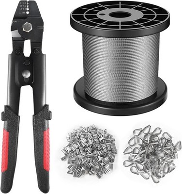 Wire Rope Crimping Tool Kit, 328FT Stainless Steel Cable with 200PCS 1/16  Alumi