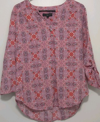 Fred David Womens Pink Geometric 3/4 Sleeve Pullover Shirt Blouse Size Medium