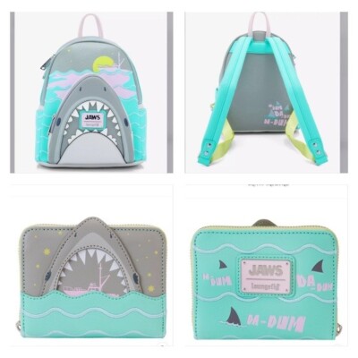 jaws loungefly mini backpack Universal An applique of a shark moves up and down amongst the waves Loungefly Universal Studios Jaws Glow