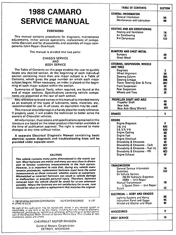 1988 Chevy Camaro Shop Manual IROC Z28 Z 28 RS Berlinetta Repair ...