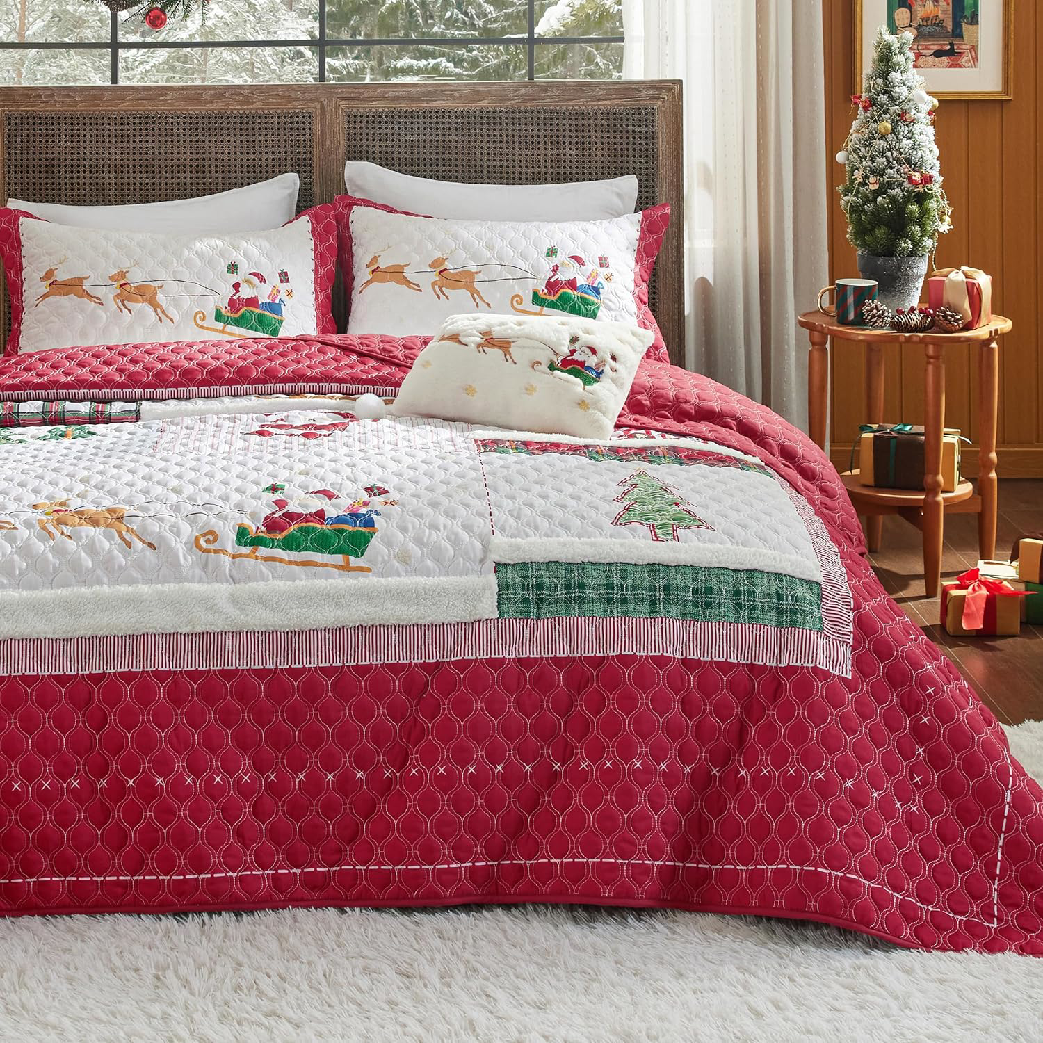 Christmas Quilt Set Queen Red Multicolor Patchwork Microfiber Bedspread 90