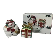 VTG Fitz & Floyd Plaid Christmas Snowman & Gift Box Salt Pepper Shakers 3.5”