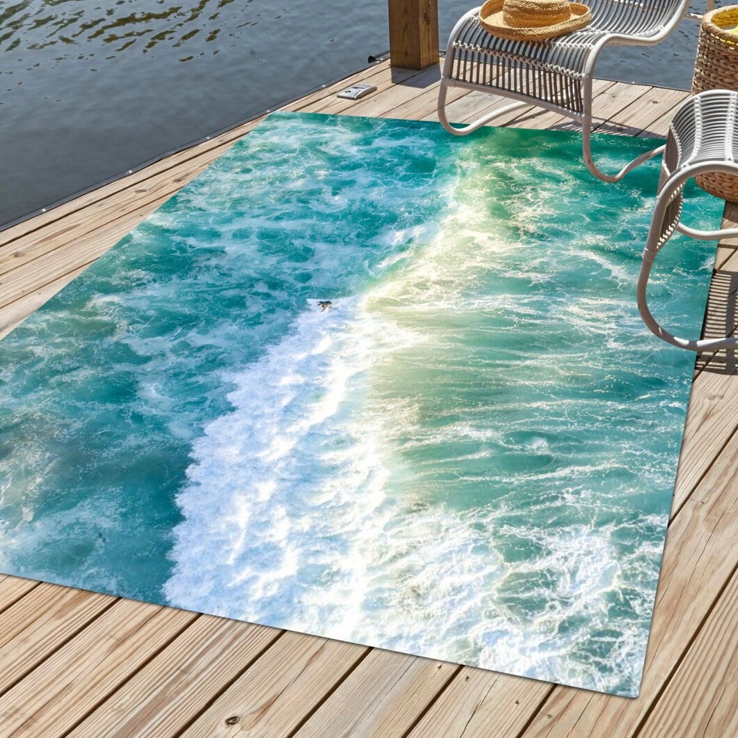 Teal Ocean Surf Waves Outdoor Rug for Deck or Patio-image