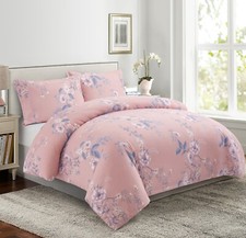 Printed Bamboo Soft Duvet Cover Fitted Sheet Bedding Set, Purple Floral Pink