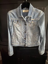 Hydraulic Distressed Medium Wash Denim Blue Jean Jacket | Size Small