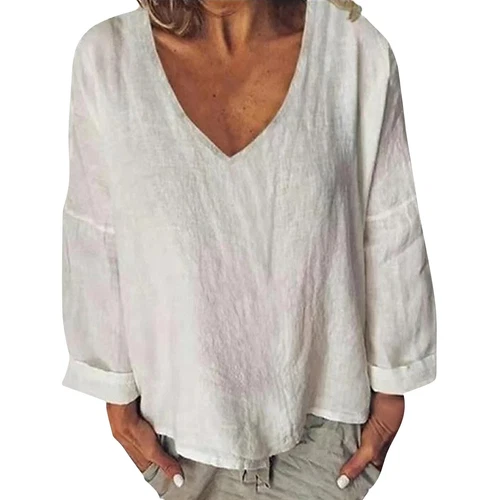 Tees Blouse Pullover T-Shirt Tunic Tops Cotton Linen Baggy Women Long Sleeve - Picture 7 of 17