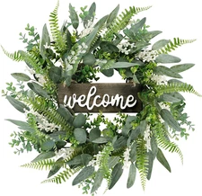 Green Artificial Eucalyptus Wreath with Welcome Sign 20In Mixed White Berries Sp
