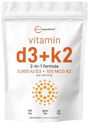 Micro Ingredients Vitamin D3 5000 IU with K2 100 mcg, 300 Soft-Gels | K2 MK-7 wi