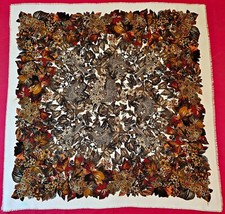SCARF ITALY VINTAGE AUTHENTIC FALORAL ART AUTUMN LEAVES WHITE GREEN 47" SQUARE