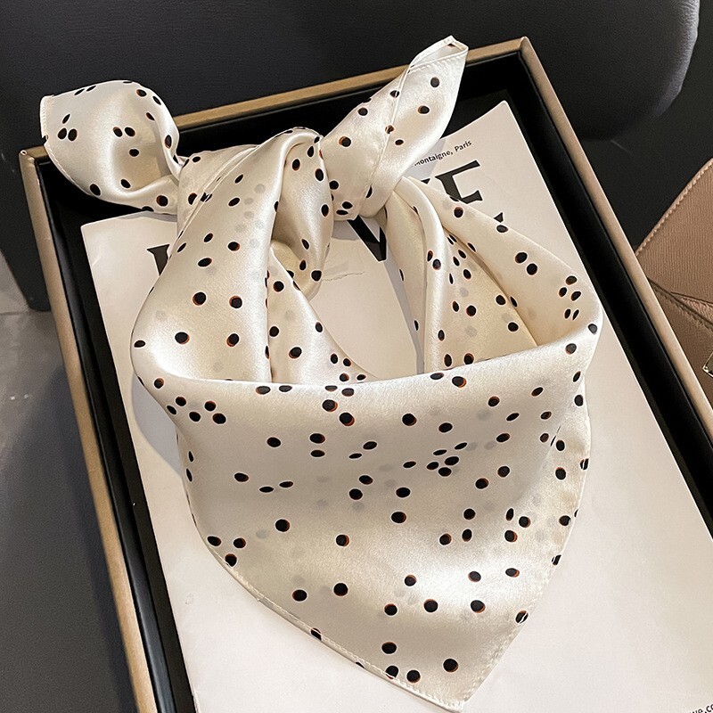 100% Silk Scarf Vintage White Black Polka Dot Kerchief Bandana