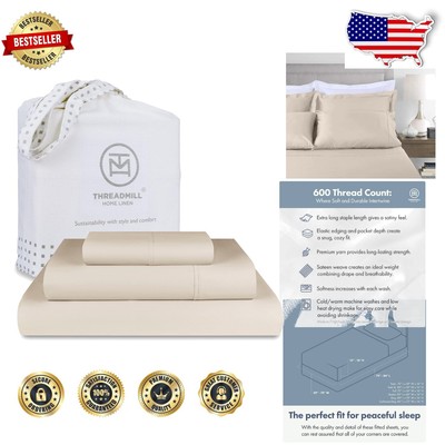 Cooling Effect Beige Twin Bed Sheets - 600 Thread Count Sateen Weave Comfort