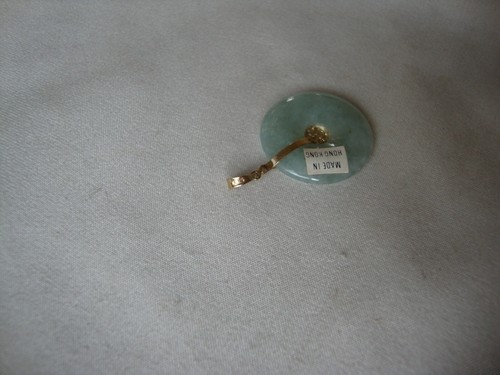 VTG HONG KONG LIGHT GREEN JADE BI DISC " FU DAO LE ! " 14K YELLOW GOLD PENDANT - Picture 13 of 21