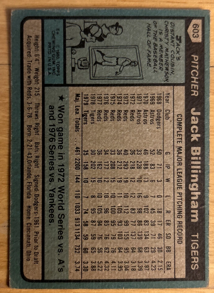 1980 Topps Jack Billingham Card #603 Tigers Pitcher Low-Grade O/C & Creased - Image 2 of 2