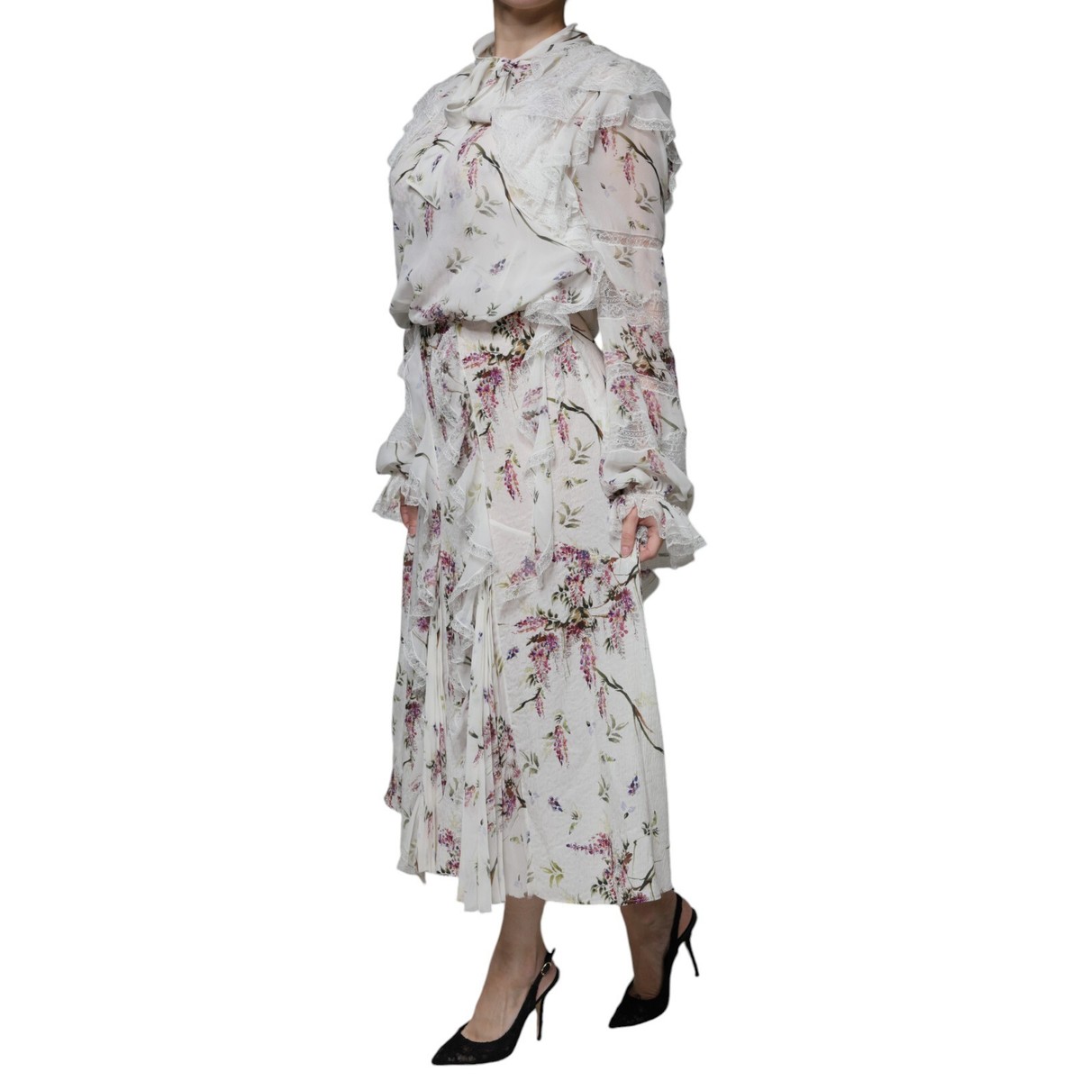 ERMANNO SCERVINO Dress White Floral Ruffles Lace Long Sleeves Maxi