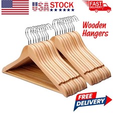 24 Natural Wooden Coat Hangers Suit Garments Clothes Wood Hanger Trouser Bar Set