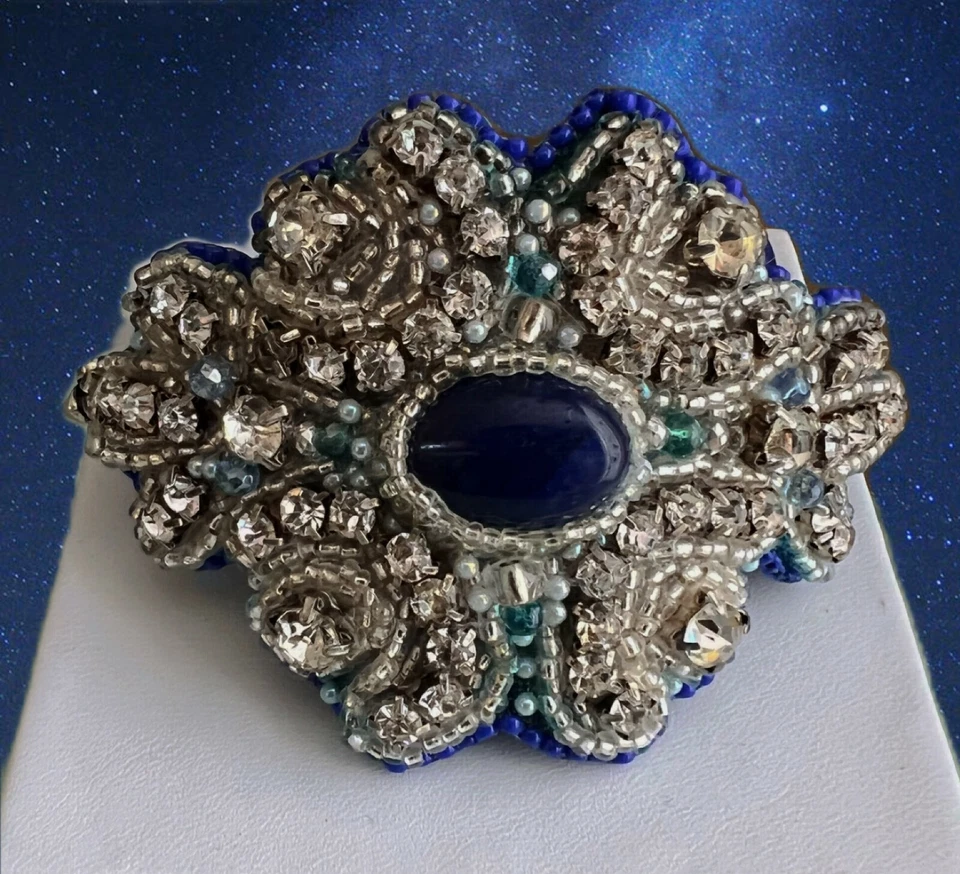 Handmade blue Bead Embroidery soft Leather Cuff Bracelet - One-of-a-Kind  USA - Image 2 of 4