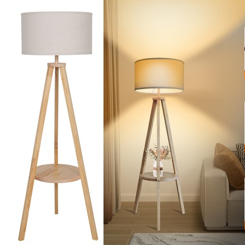 Tripod Floor Lamp Free Standing Light with Shelf Linen Shade Bedroom