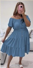 Ladies Elastic Bardot Off Shoulder Magic Button Summer Smock Tiered Midi Dress