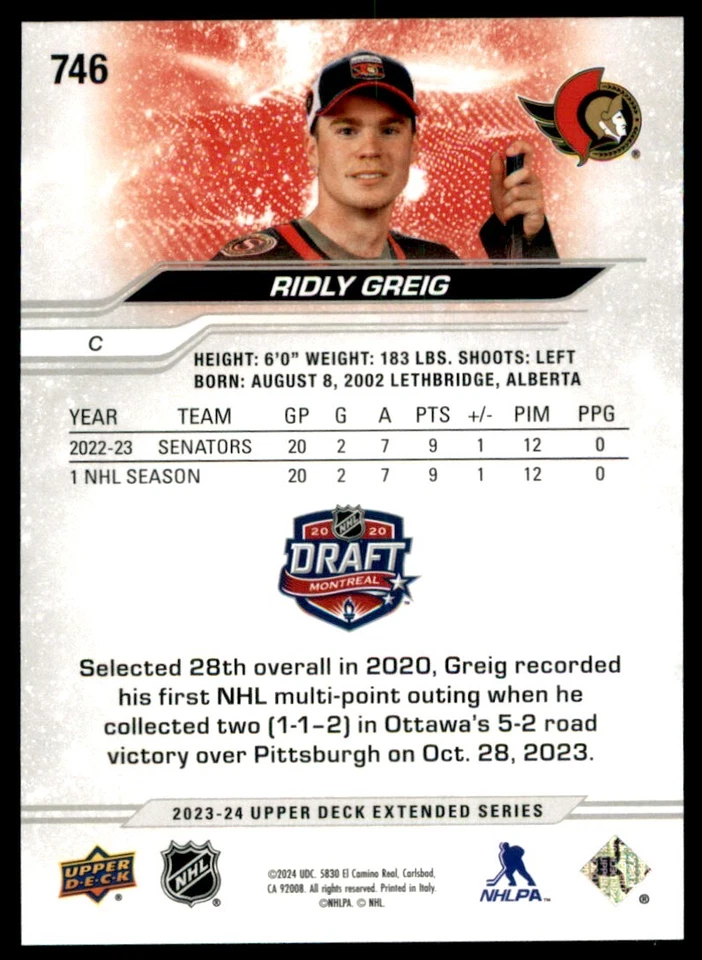 2023-24 Upper Deck Extended Series Draft Ridly Greig #746 - Image 2 of 2