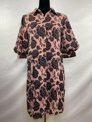 VILA Pink Black Floral Textured T Shirt Dress Puff Sleeve Fully Lined Size 40