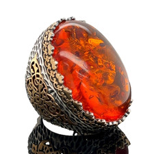 Large Natural Baltic Amber Ring Sterling Silver Ottoman Style Filigree Men's Jew