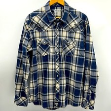 ROCK 47 MENS SIZE XL PLAID WESTERN LONG SLEEVE SHIRT NAVY WHITE TAN PEARL SNAP