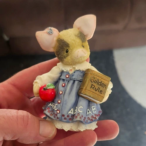 This Little Piggy Mouse Resin Figurine Holding Apple & Golden Rule Book