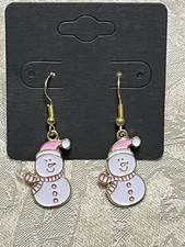 Christmas Snowman Holiday Gold Loop Enamel Drop Dangle Adorable Earring Set