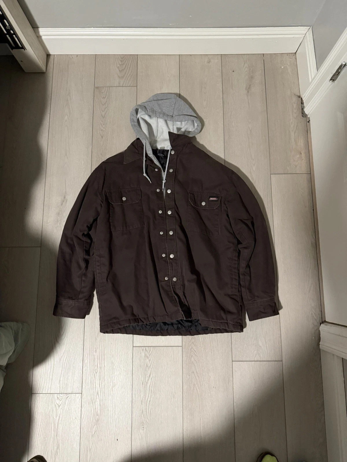 Dickies Jacket Hooded Full Zip Lined Work Wear Brown Mens Size L Snap Button