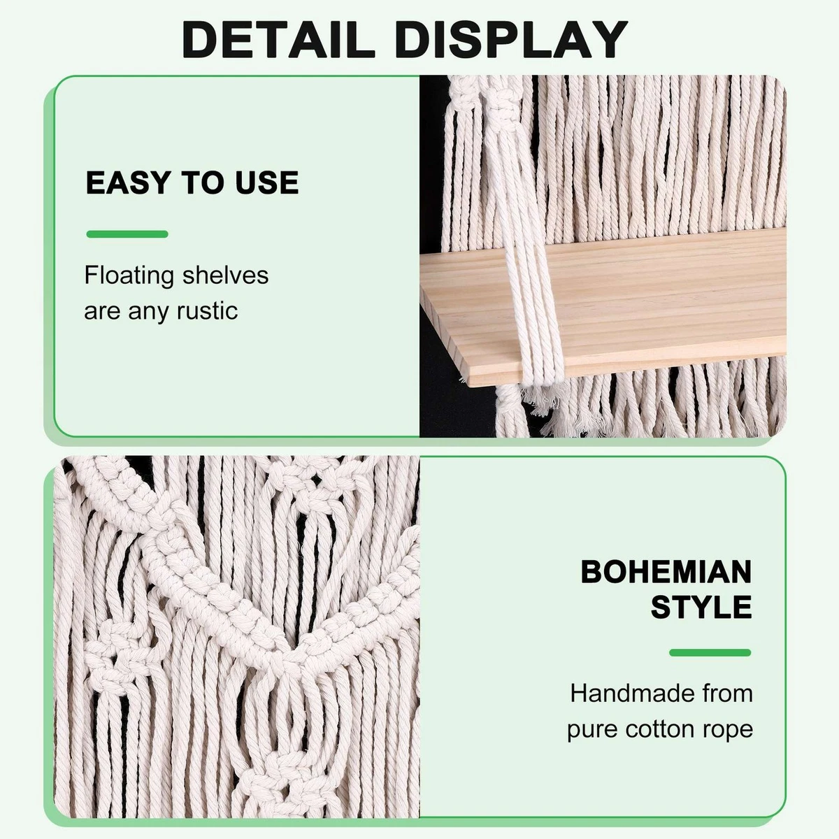Macrame Wall Hanging Shelf, Single Tier Wood Floating Hanging Shelf6664